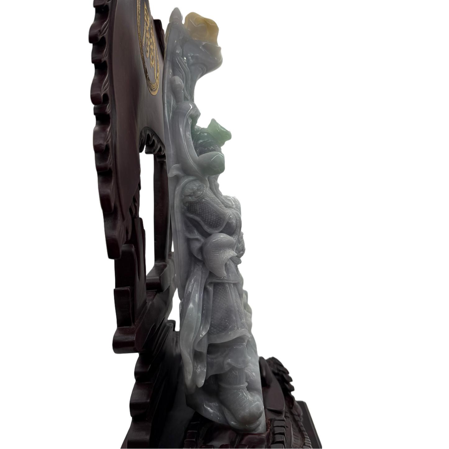 Type A Three Colour Lavender, Green & Yellow Jade Jadeite Standing Guan Gong with Wooden Stand and Victory Flag 义薄云天 旗开得胜 - 3.63kg Dimensions with Stand: 39 by 25 by 15cm Jade Dimensions: 27 by 15 by 7cm