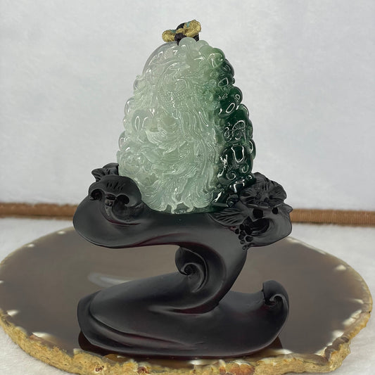 Grand Master Type A Icy Light Green with Green Jadeite Phoenix, Ruyis and Flower Pendant Display 71.83g 65.7 by 48.2 by 12.5mm with Wooden Stand for Career Progression and Recognition