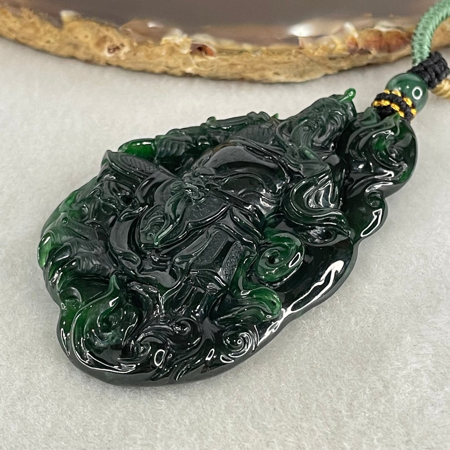 Rare High End Grand Master Type A Full Green Jadeite Guan Gong with Scroll Pendant 48.01g 72.0 by 44.8 by 9.3mm