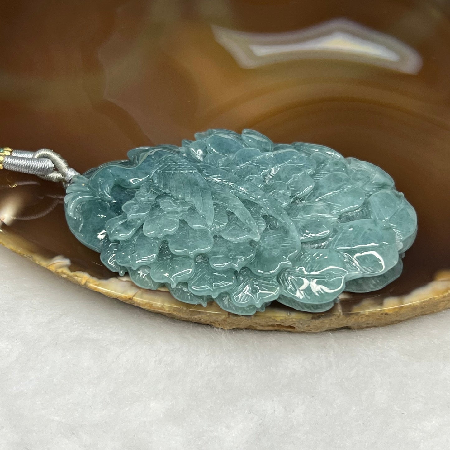 Type A RARE INTENSE Blue Jade Jadeite Phoenix Pendant 51.58g 66.4 by 45.7 by 9.9 mm Inner Diameter 53.4mm
