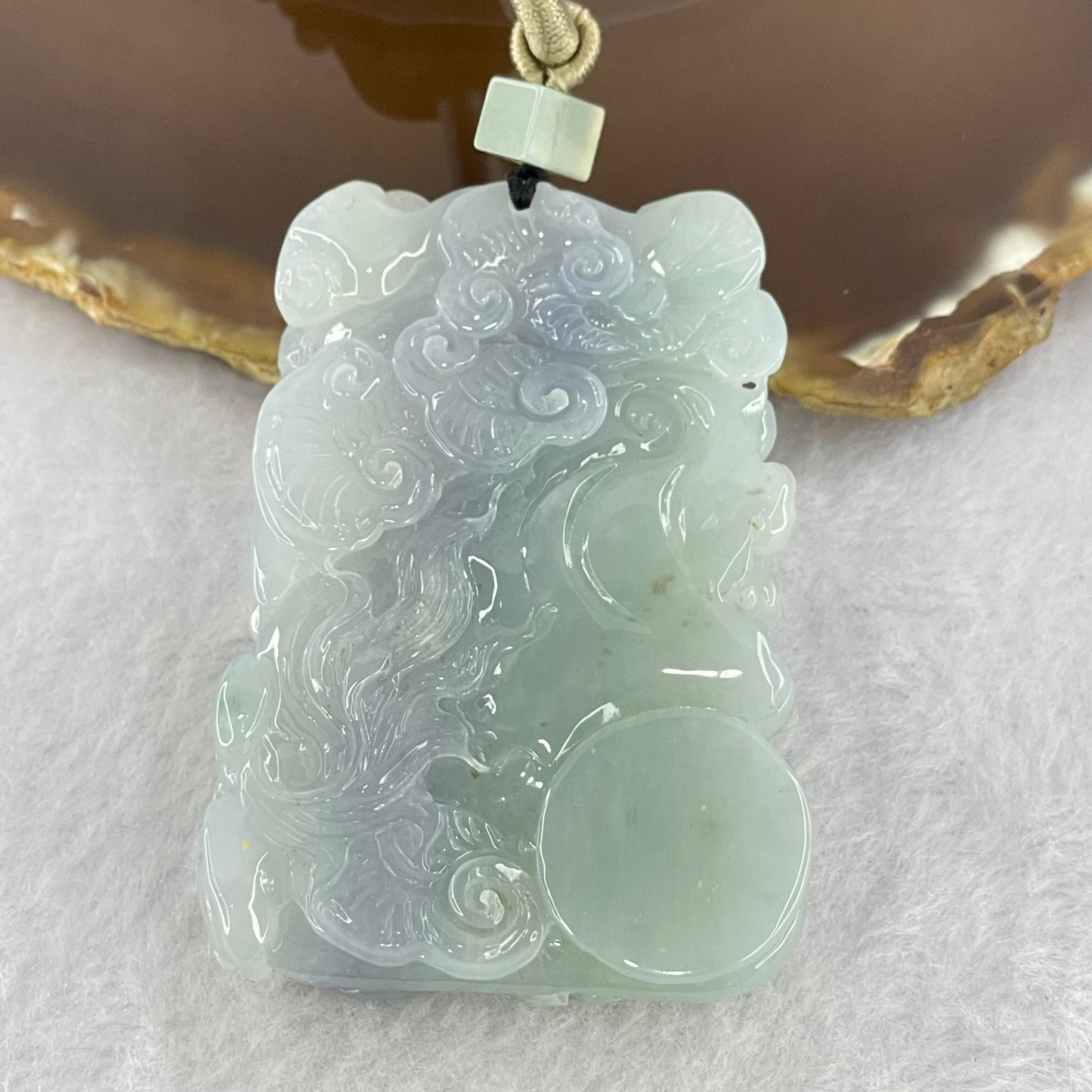 Type A Light Green and Bright Lavender Jadeite Phoenix Ruyi Wheel Pendant 80.00g 62.9 by 44.5 by 13.5mm