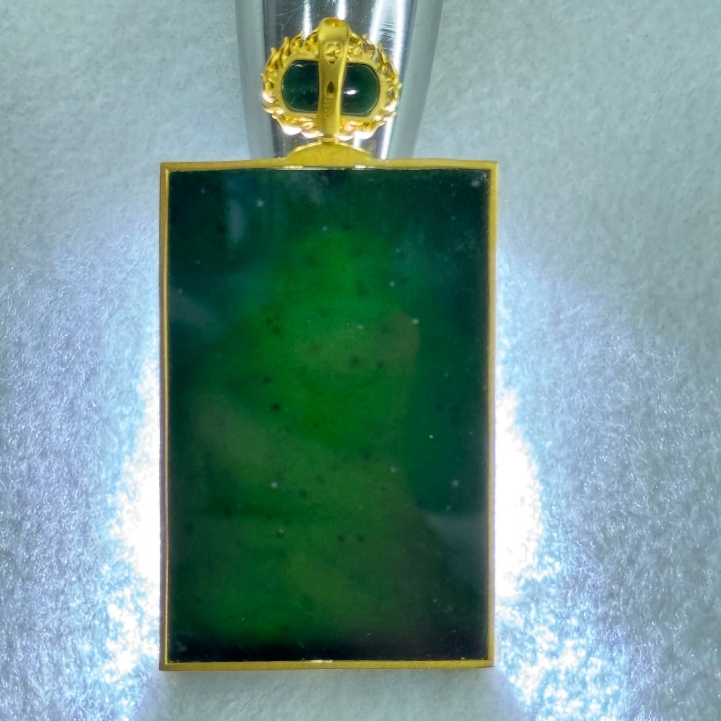 18k Yellow Gold Rare High Grade Fully Translucent Type A Black Jadeite Rectangle Wu Shi Pai Pendant 45.38g 61.8 by 41.2 by 4.8mm