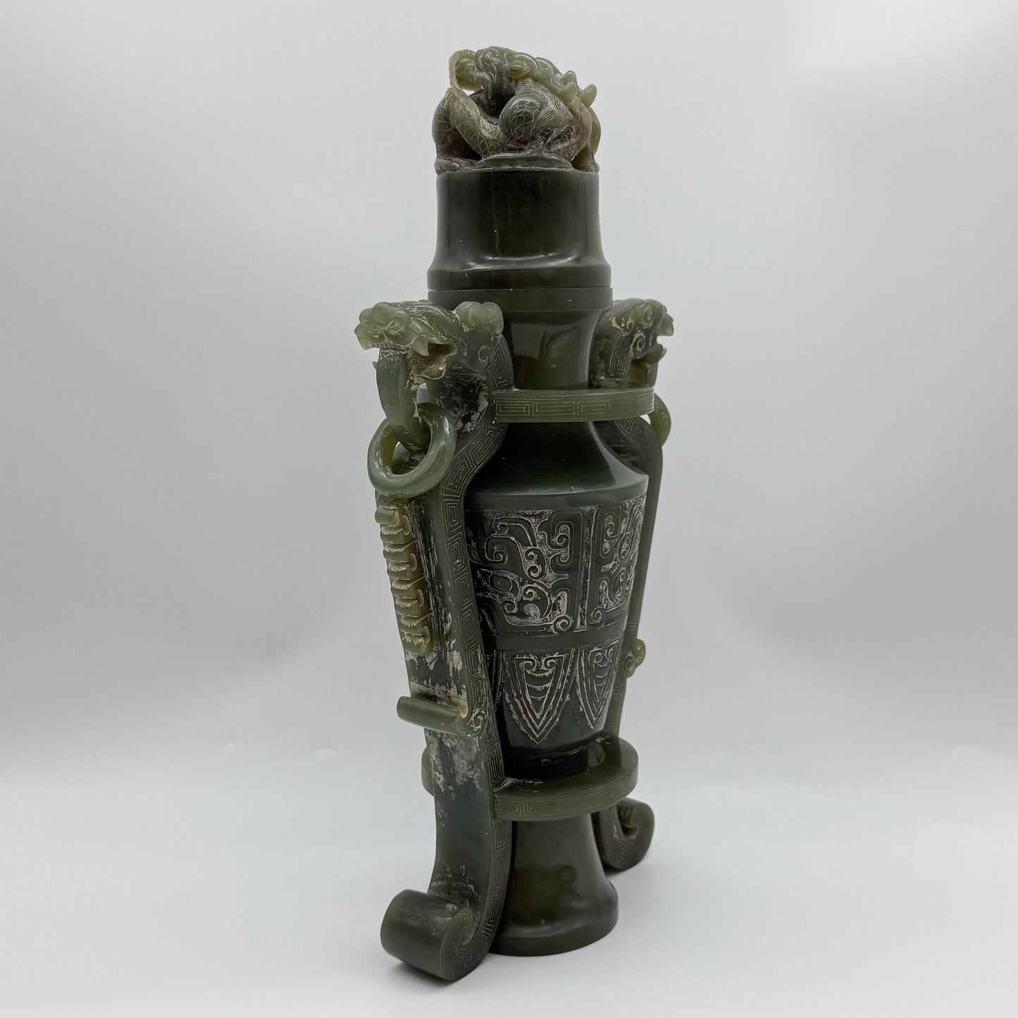 Rare Antique Natural Green Nephrite Vase with Double Dragon Display 2,035.4g 162.0 by 90.0 by 315.0m