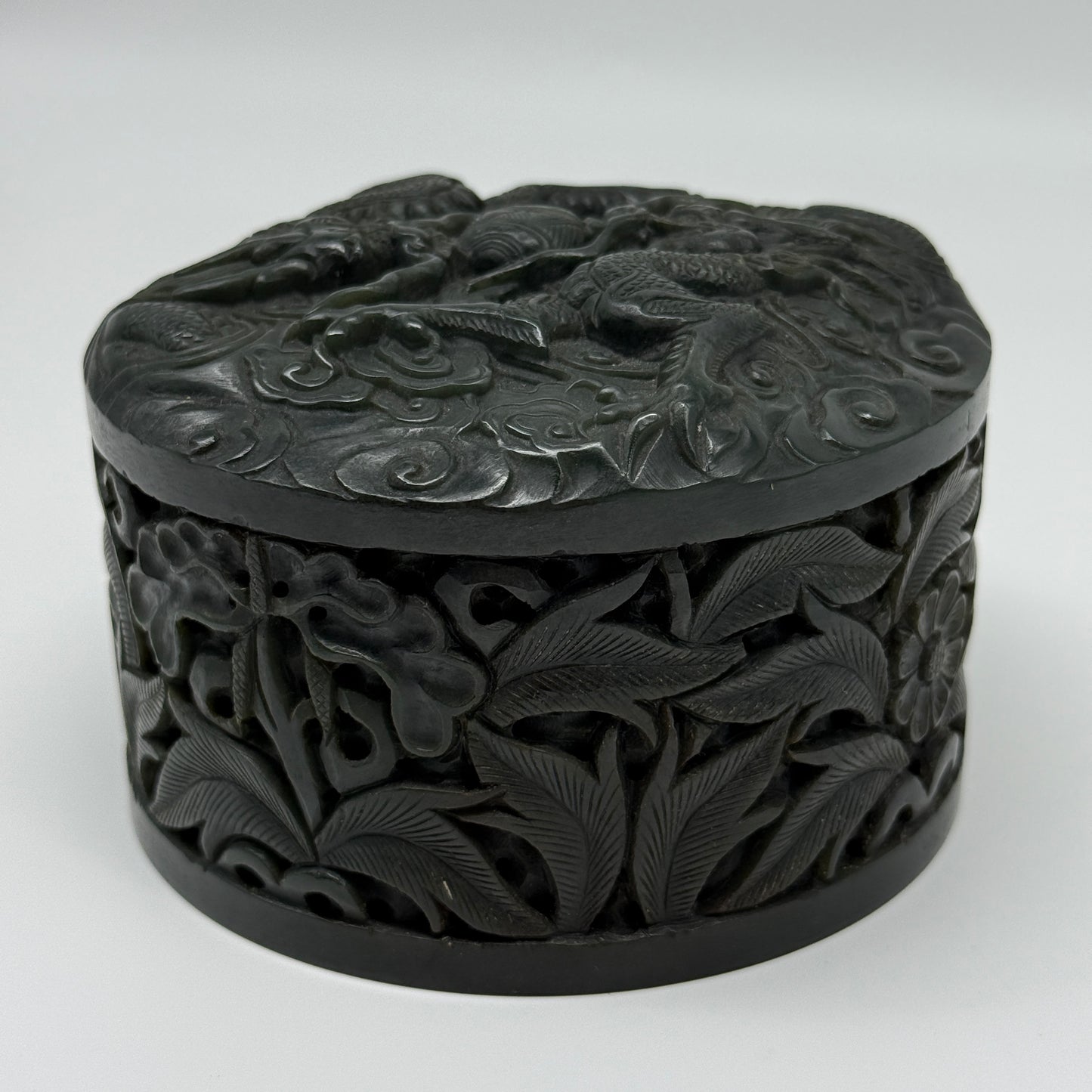 Antique Dark Green Nephrite Double Dragons in Clouds with Flowers and Leaves Seal 1,625.5g 108.2 by 107.6 by 71.6mm