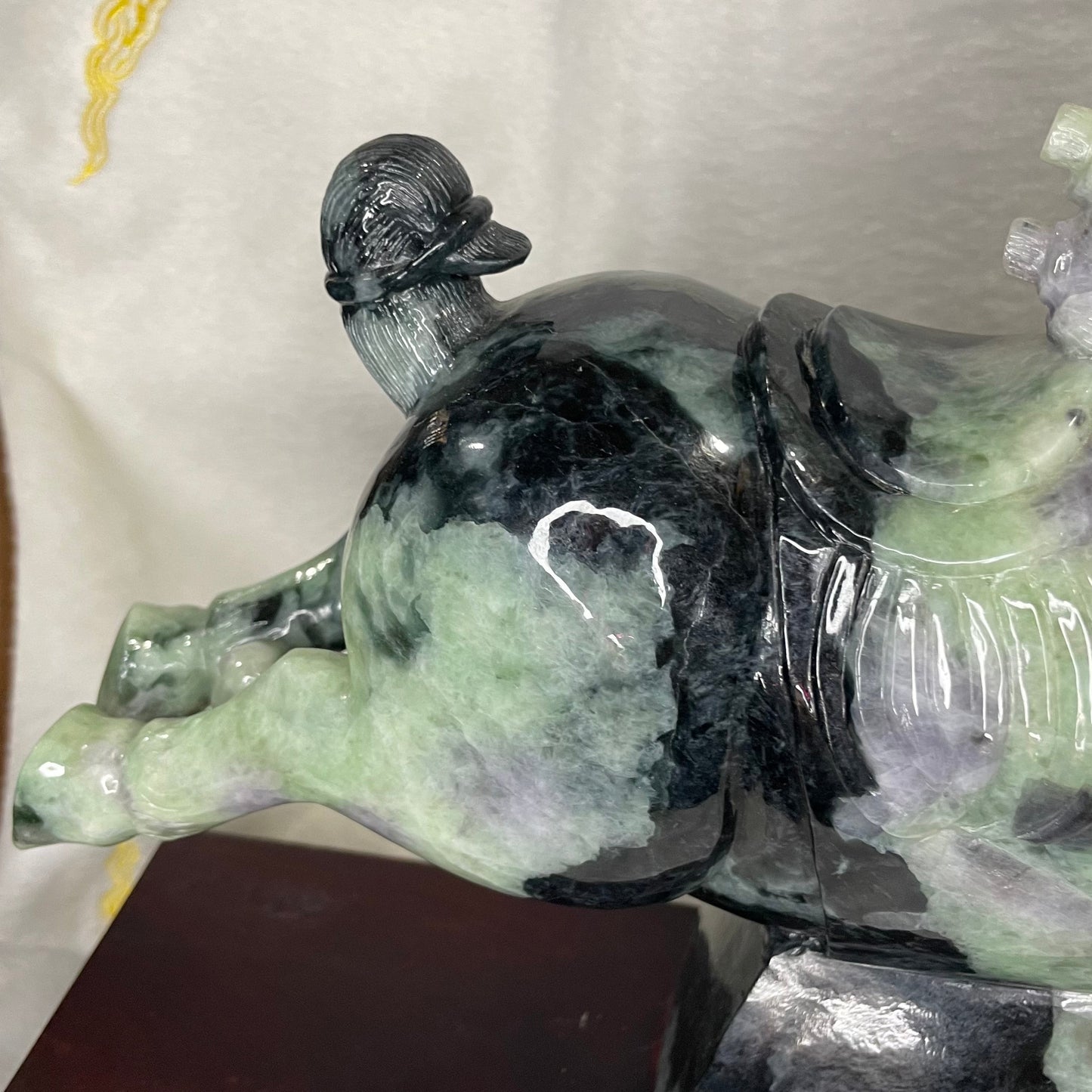 Type A Green with Lavender Jadeite Pair of Horses 马到成功 马上成功 马上发财 with Wooden Stand Display Piece - 9.53kg Dimensions with Stand: 30 by 28 by 12cm Jade Dimensions: 28 by 24 by 9cm