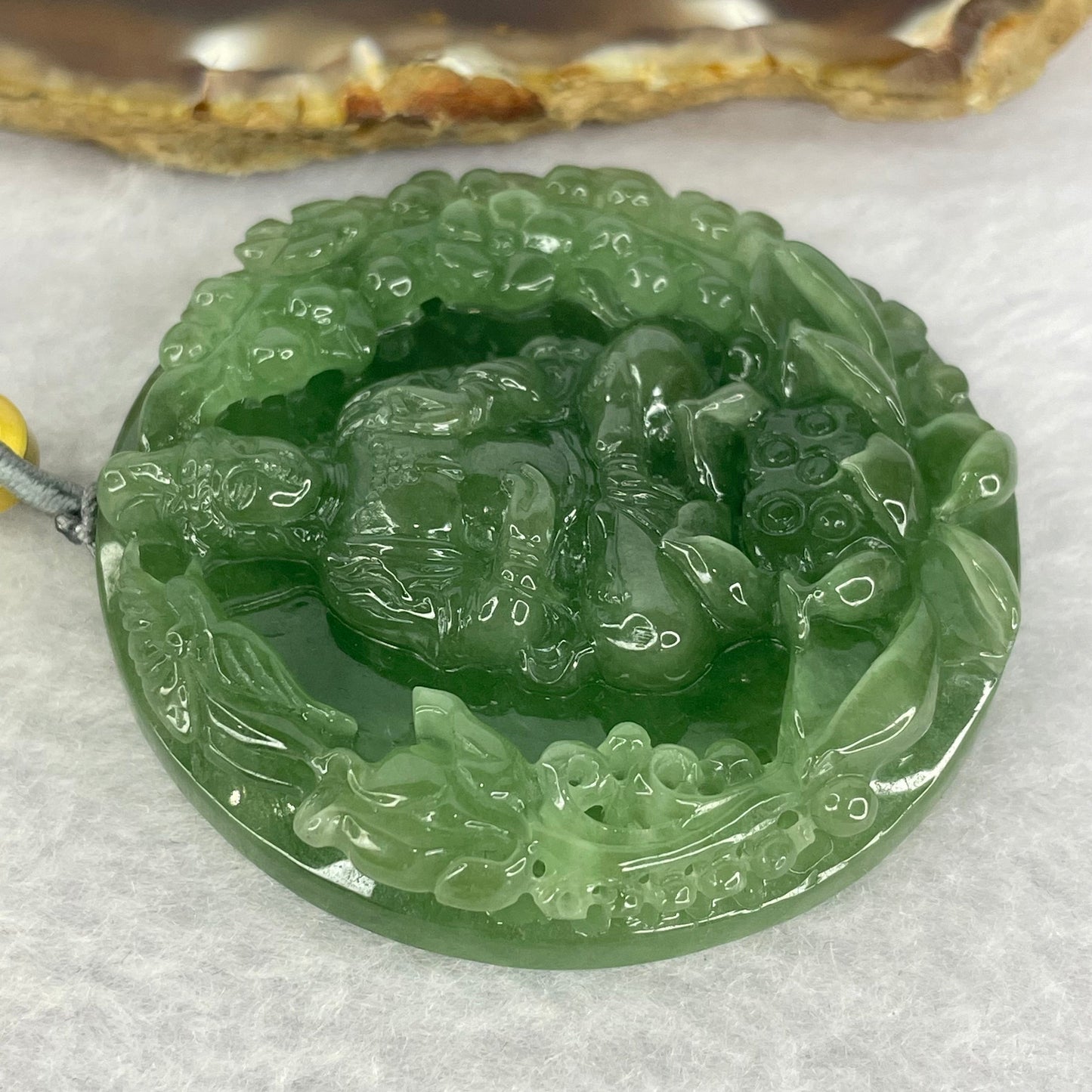 Golden Award Grand Master Type A Semi Icy Intense Green Jadeite Guan Yin on Lotus with Flowers 花开富贵观音 Pendant 62.02g 53.0 by 11.2mm