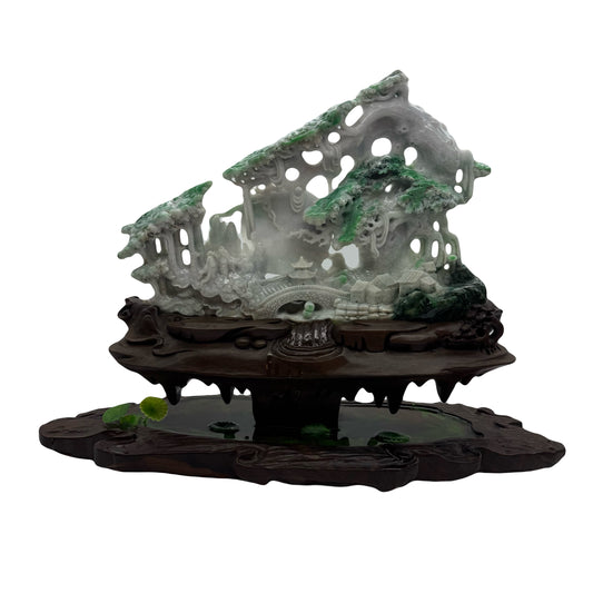 Type A Green, Yellow & Spicy Green Jade Jadeite Shan Shui 摆件多子多福 with Wooden Stand Display Piece - 3.015kg Dimensions with Stand - 51 by 40 by 19cm Jade Dimensions - 37 by 24 by 5cm