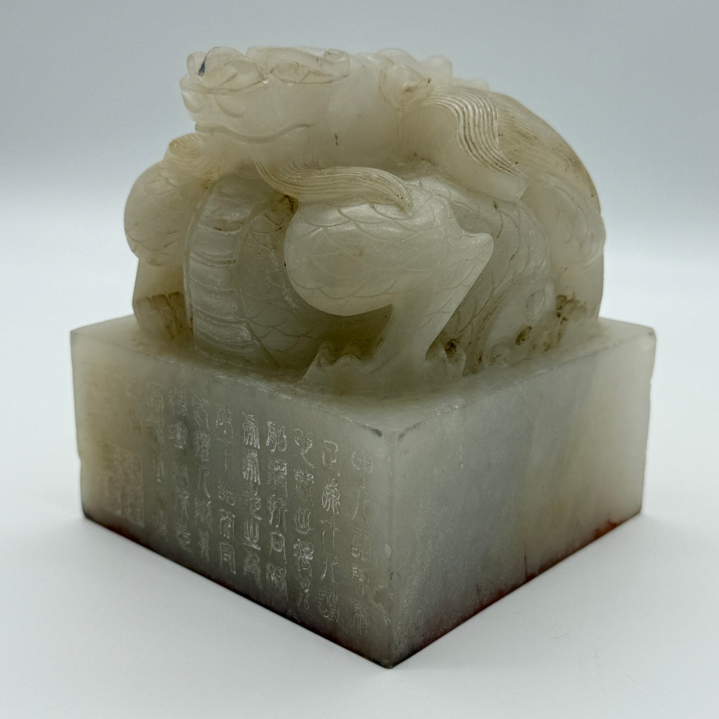 Antique Highly Translucent Yellowish White Nephrite Dragon Seal 2,439.8g 103.5 by 103.7 by 118.2g with Old Zitan Box Total 3,202.8g 136.8 by 137.2 by 168.0mm