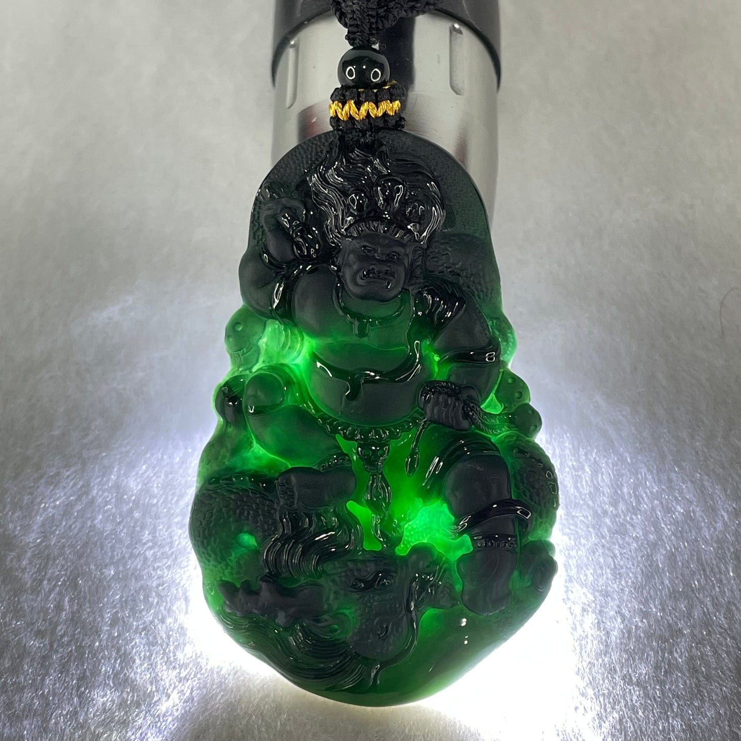Rare Grand Master Type A Fully Translucent Black Omphacite Jadeite Da Hei Tian Daikokuten God of Fortune 大黑天 Pendant 26.52g 59.4 by 38.7 by 5.2mm