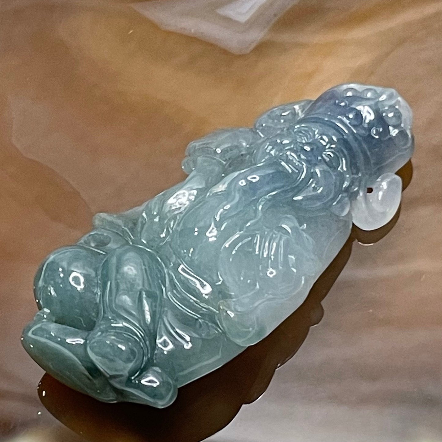 18K Gold Rare Type A Blueish Green with Lavender Jadeite Cai Sheng Ye Pendant for Ultimate Wealth with NGI Cert - 30.9g 59.0 by 28.9 by 12.8mm