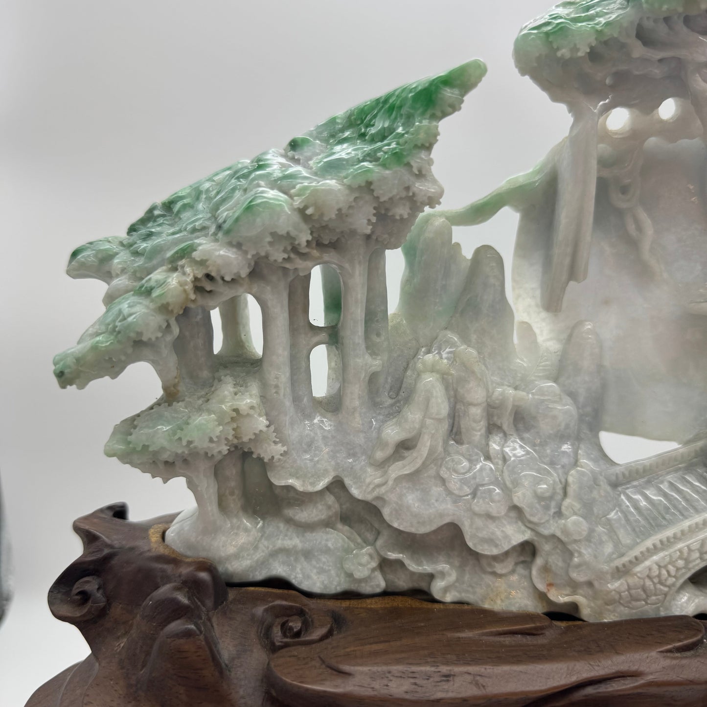 Type A Green, Yellow & Spicy Green Jade Jadeite Shan Shui 摆件多子多福 with Wooden Stand Display Piece - 3.015kg Dimensions with Stand - 51 by 40 by 19cm Jade Dimensions - 37 by 24 by 5cm