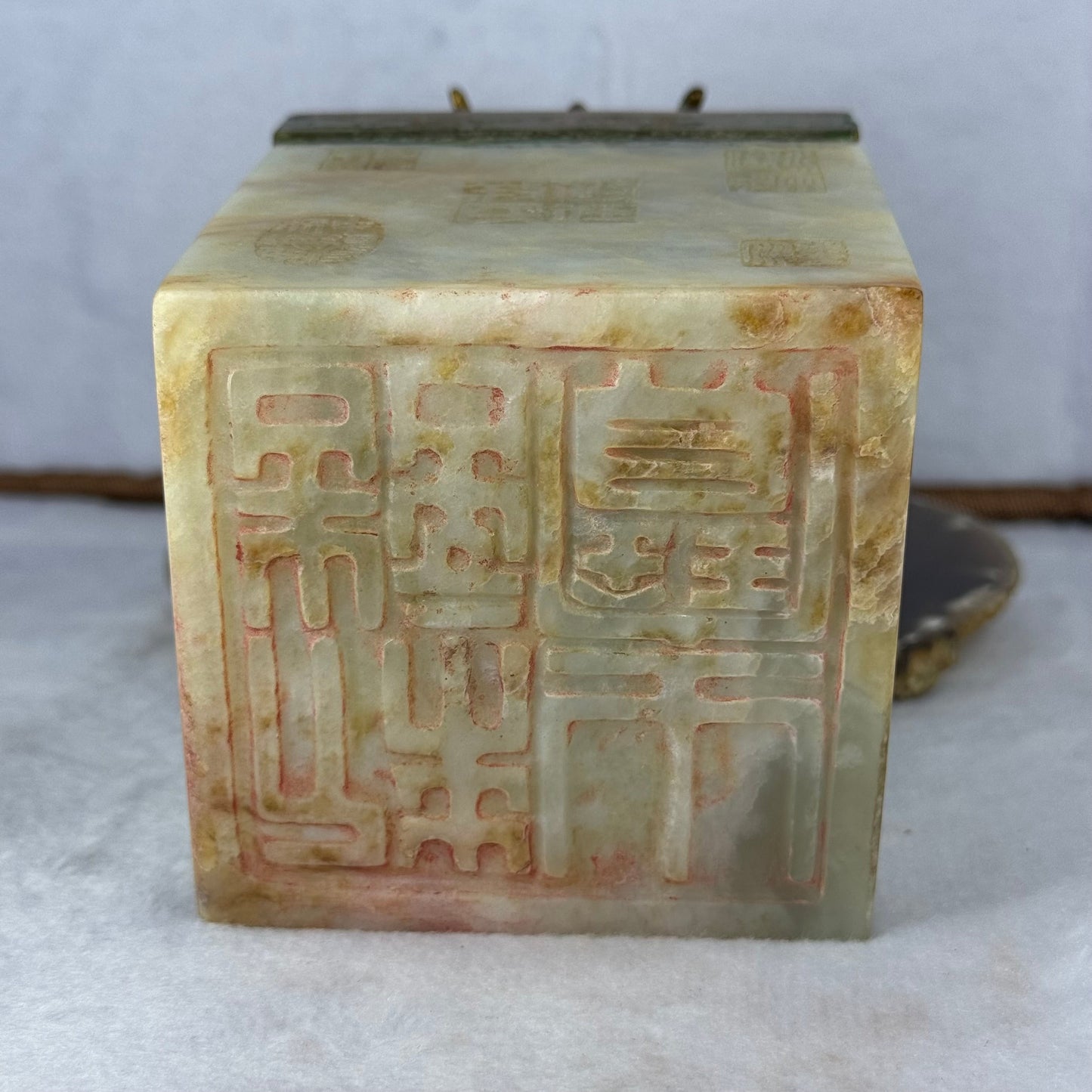 Rare Antique Nephrite with Copper Bird with Monkey Face with Snakes and Frogs Seal 2,751.6g 85.0 by 85.0 by 220.0mm