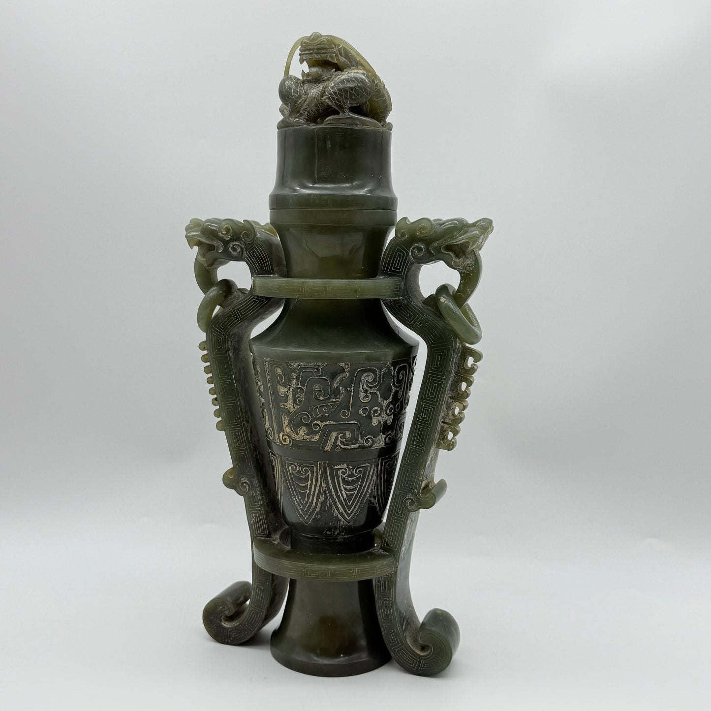 Rare Antique Natural Green Nephrite Vase with Double Dragon Display 2,035.4g 162.0 by 90.0 by 315.0m