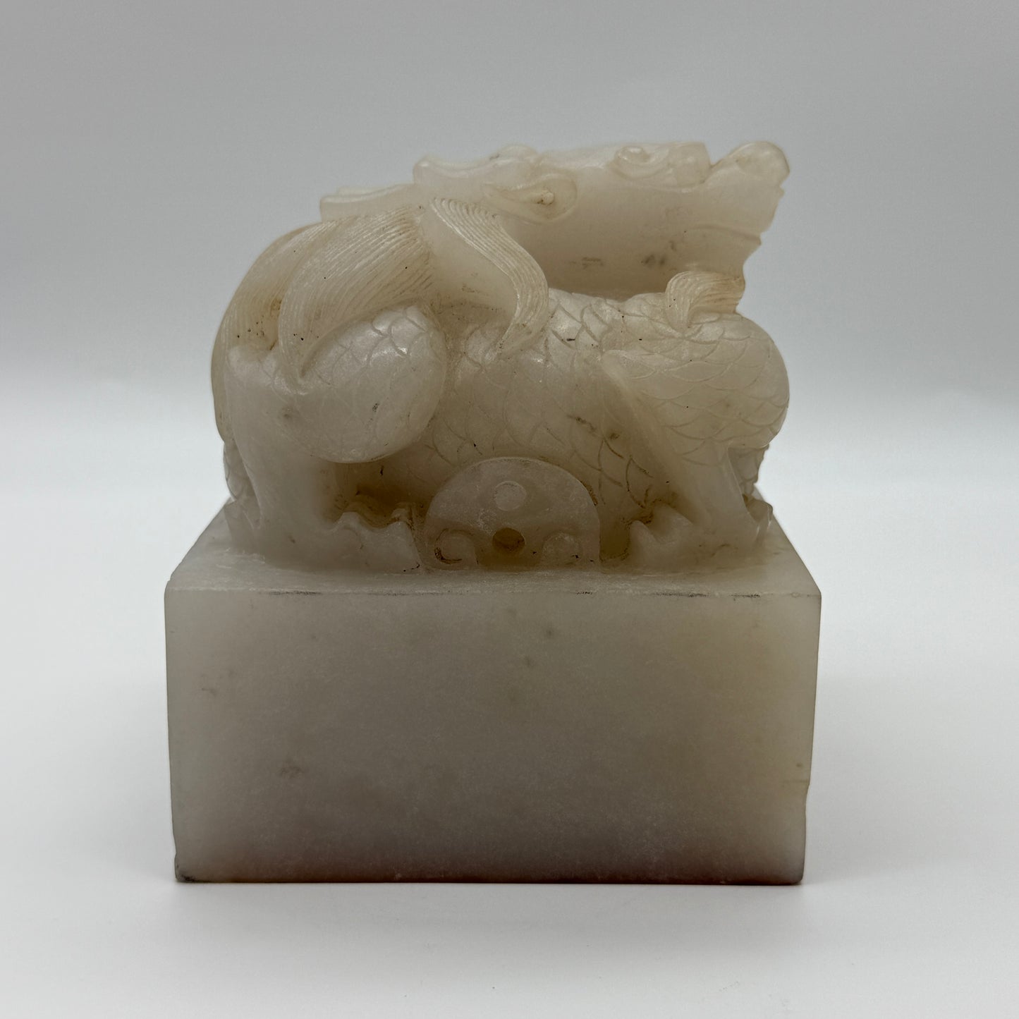 Antique Highly Translucent Yellowish White Nephrite Dragon Seal 2,439.8g 103.5 by 103.7 by 118.2g with Old Zitan Box Total 3,202.8g 136.8 by 137.2 by 168.0mm