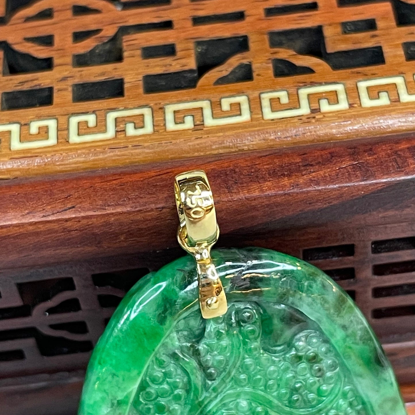 18K Yellow Gold Rare Type A Old Mine Lao Keng Spicy Green with Dark Green Patches Jade Jadeite Prosperity Dragon Feng Shui Pendant with NGI Cert 142.63 cts 57.91 by 36.09 by 7.43mm