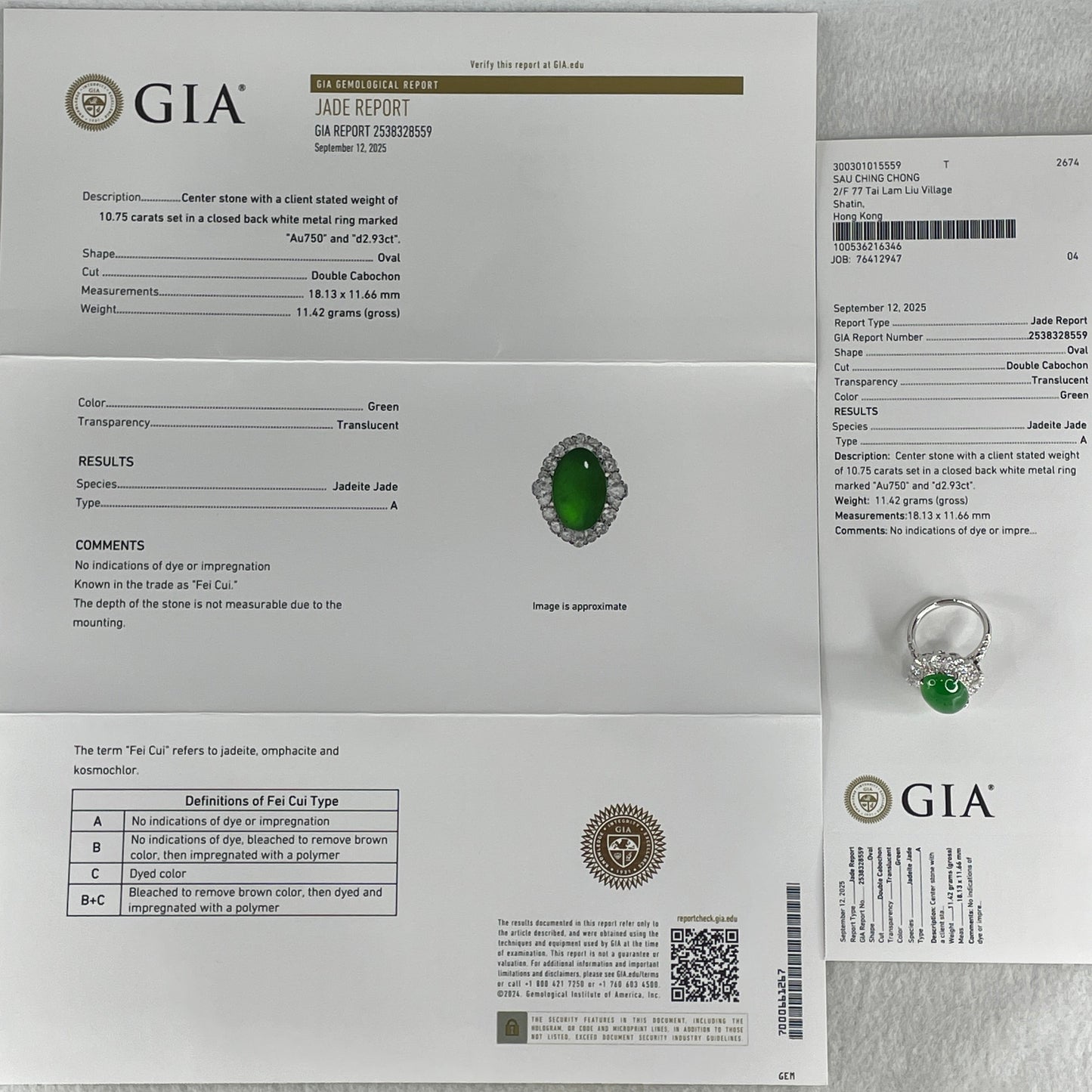 Very High Quality Highly Translucent TYPE A Natural Icy Intense Green Jadeite Oval Cabochon Approx 18.13 by 11.66mm Total Weight 11.42g including Natural Diamonds 2.93ct and Au750 White Gold Ring Setting US 7.25 HK 16 Inner Diameter 17.5mm with GIA Cert