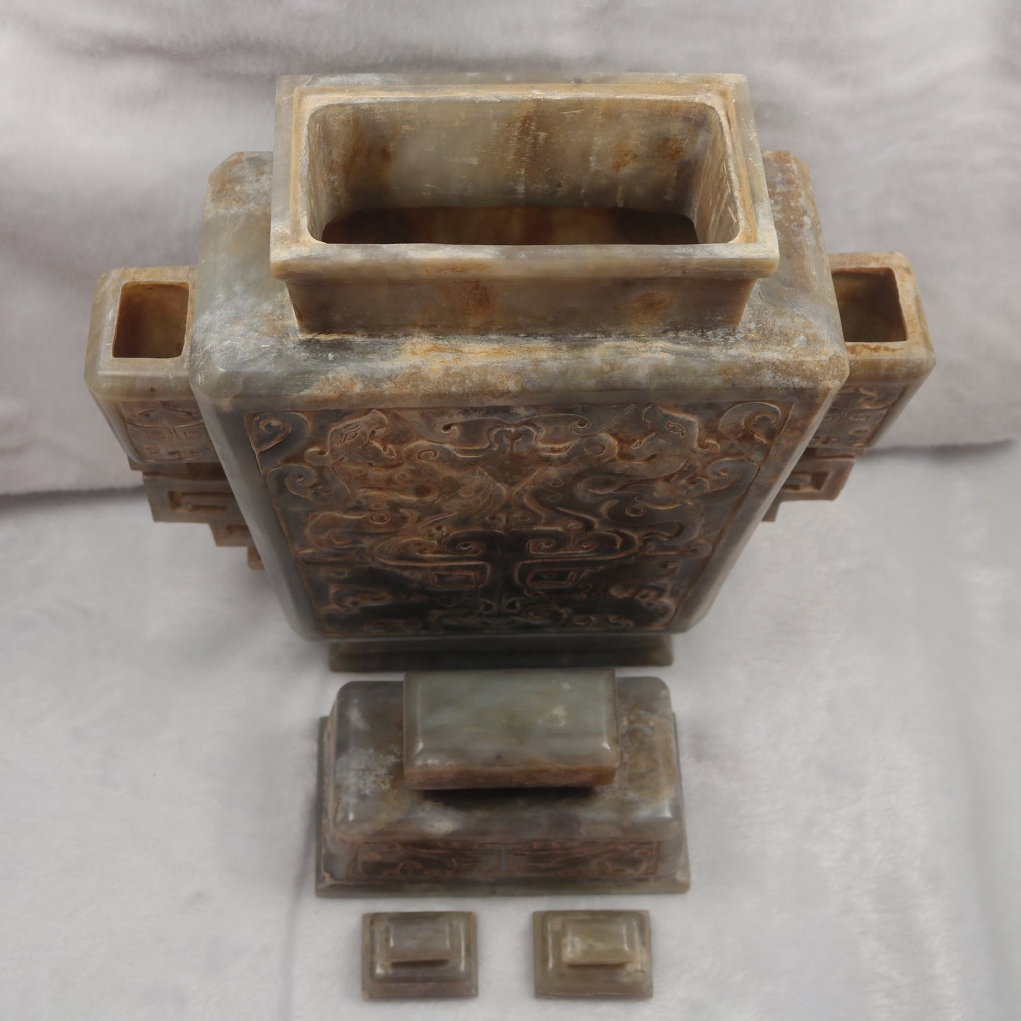 Rare Antique Natural Grey with Yellow White Patches Nephrite Double Pixiu Vase 3,014.3g 225.0 by 83.0 by 280.0mm