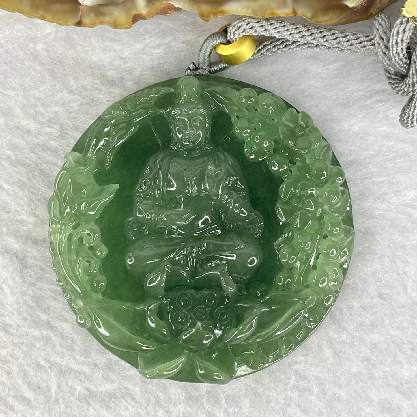 Golden Award Grand Master Type A Semi Icy Intense Green Jadeite Guan Yin on Lotus with Flowers 花开富贵观音 Pendant 62.02g 53.0 by 11.2mm
