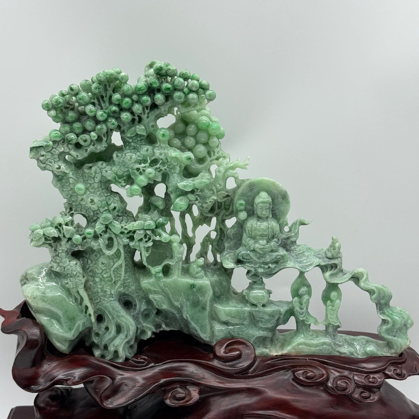 Rare Full Apple Green Buddha & Disciple Shan Shui Display 2,490g 300.0 by 230.0mm by 60.0mm with wooden stand 2,345g Total 4,835g 350.0 by 350.0 by 120.0mm