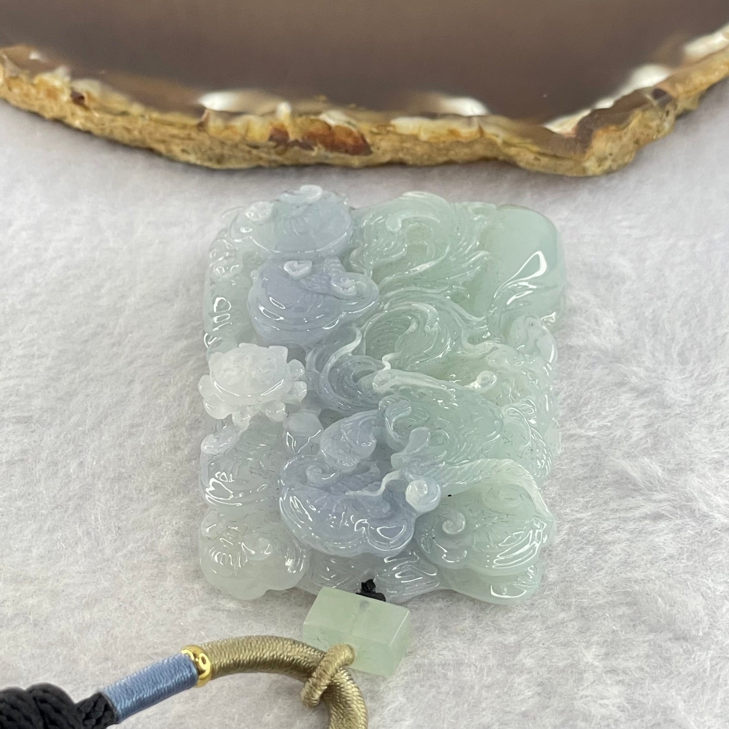 Type A Light Green and Bright Lavender Jadeite Phoenix Ruyi Wheel Pendant 80.00g 62.9 by 44.5 by 13.5mm