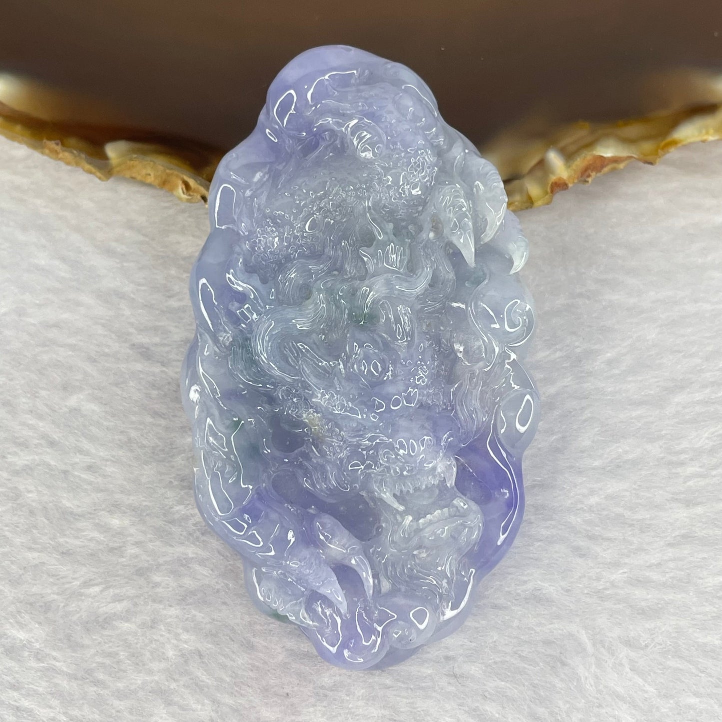 Very Rare Grand Master Semi Icy Type A Intense Lavender Jadeite Dragon 60.71g 68.0 by 39.20 by 16.8mm with Wooden Stand
