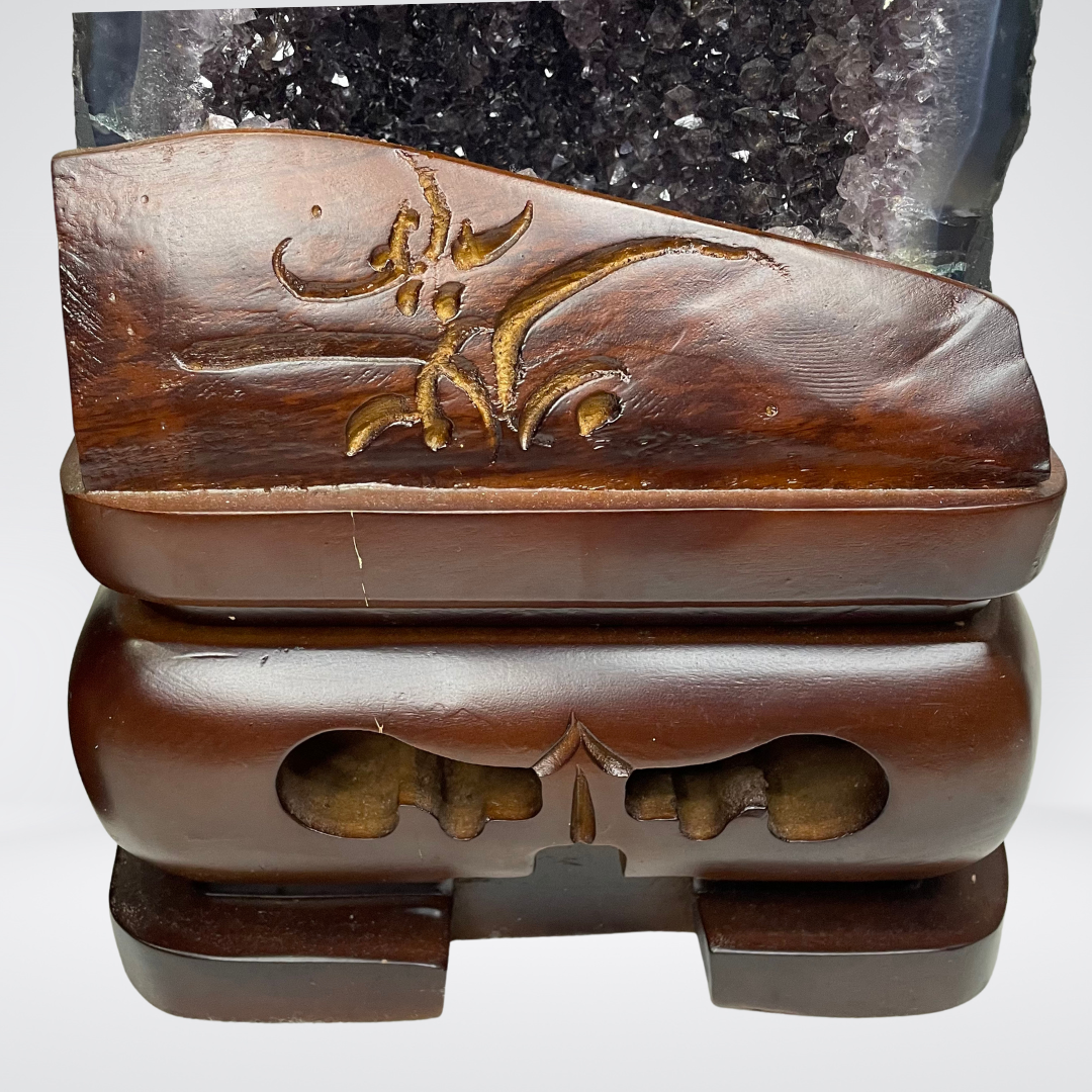 Special Natural Amethyst with Golden Rutile and Silver Particles Display Pair with Wooden Stand - 25.1kg
