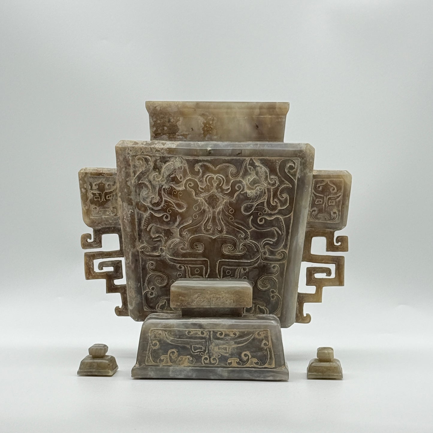 Rare Antique Natural Grey with Yellow White Patches Nephrite Double Pixiu Vase 3,014.3g 225.0 by 83.0 by 280.0mm