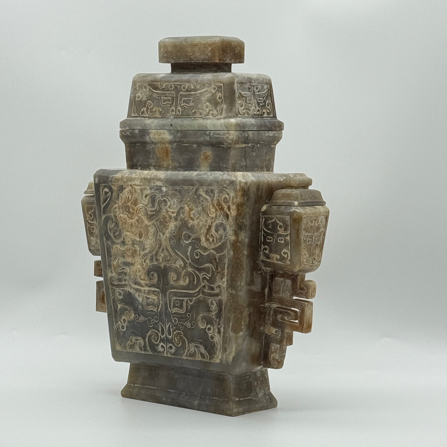 Rare Antique Natural Grey with Yellow White Patches Nephrite Double Pixiu Vase 3,014.3g 225.0 by 83.0 by 280.0mm