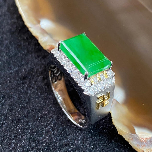 Type A Burmese Old Mine Full Spicy Green Jade Jadeite 18k White Gold & Diamonds Ring 7.27g US9 HK20