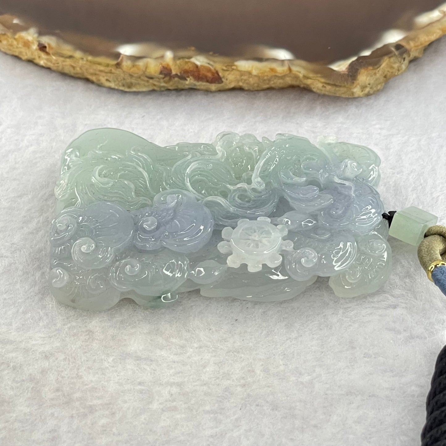 Type A Light Green and Bright Lavender Jadeite Phoenix Ruyi Wheel Pendant 80.00g 62.9 by 44.5 by 13.5mm