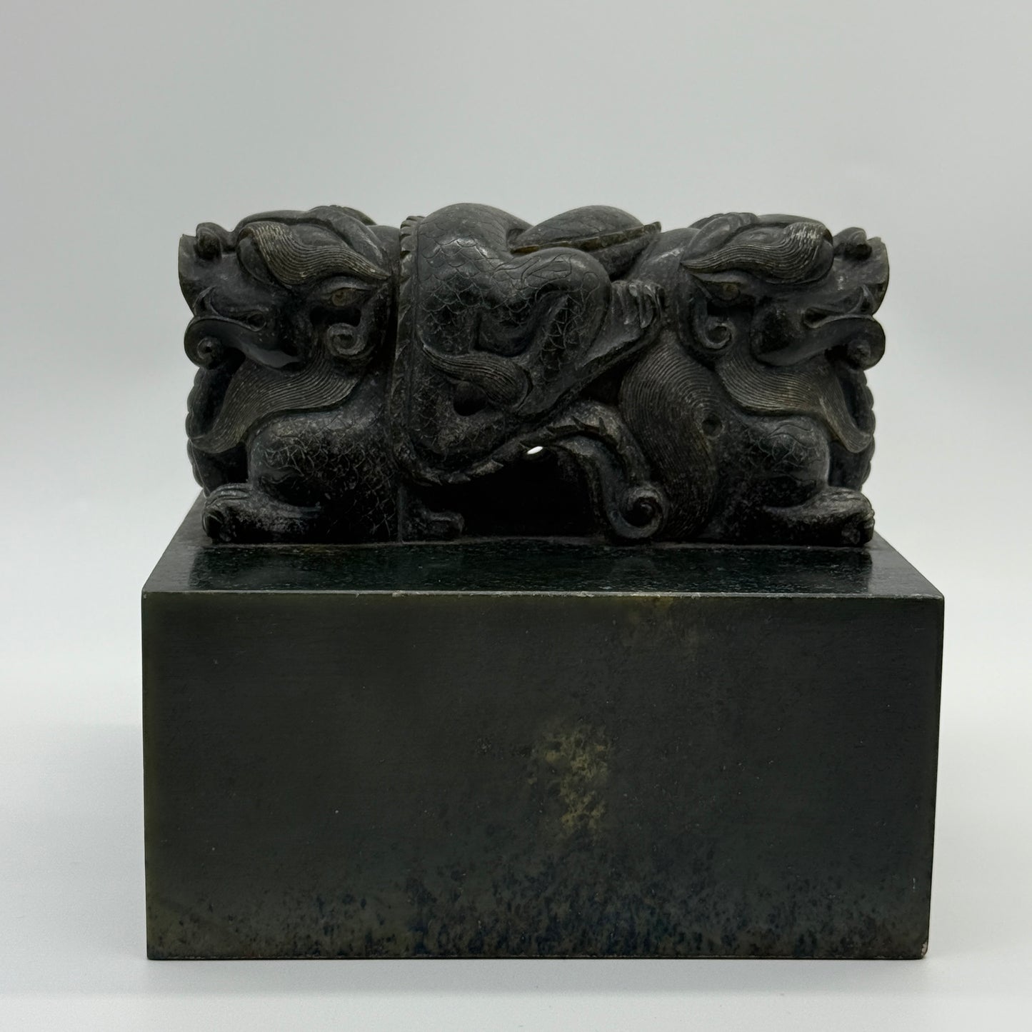 Rare Antique Natural Dark Green Nephrite Double Headed Dragon Seal 4,452.2g 134.7 by 136.1 by 125.0mm