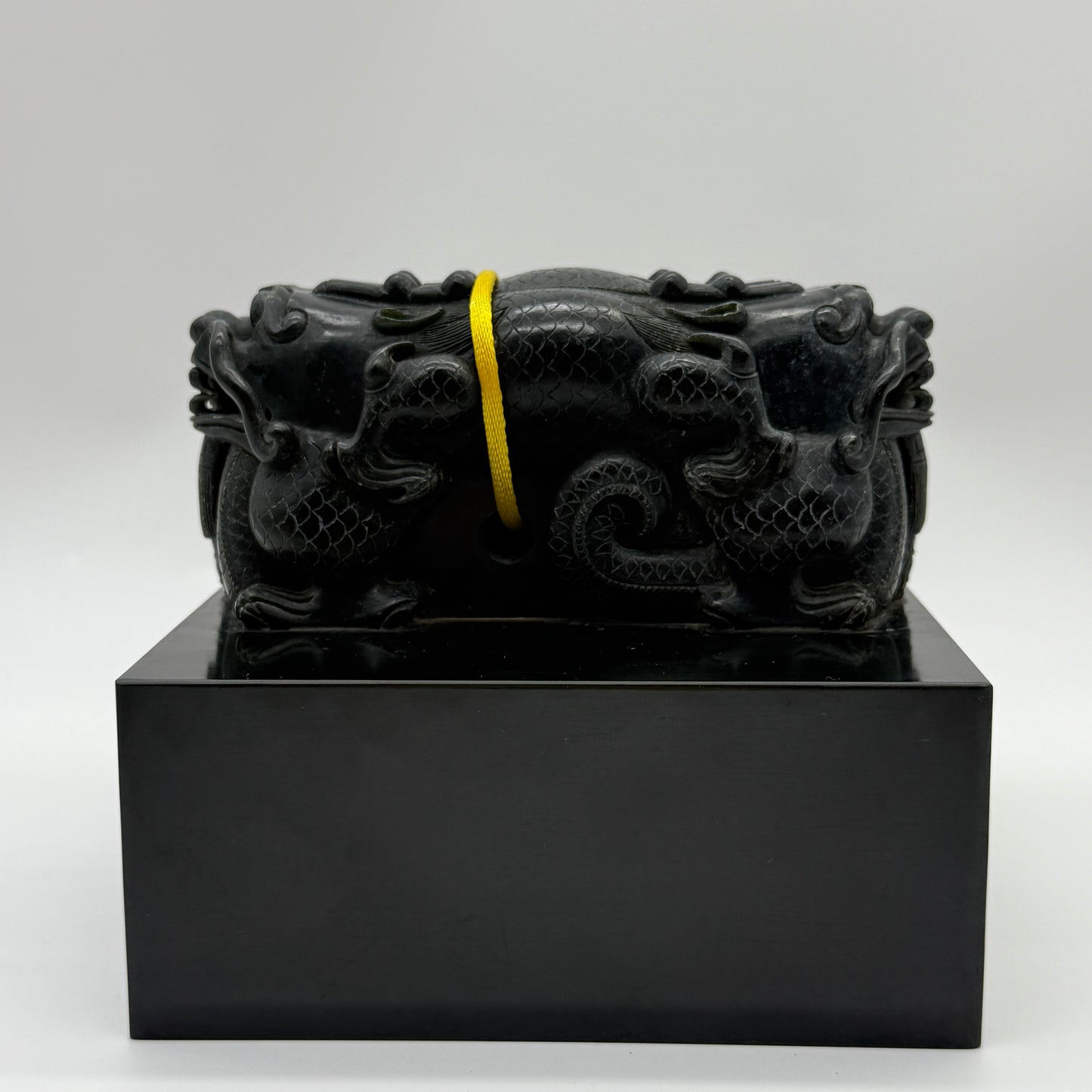 Rare Antique Natural Dark Green Nephrite Double Dragon Heads Seal 4,105.8g 134.8 by 134.3 by 120.0mm