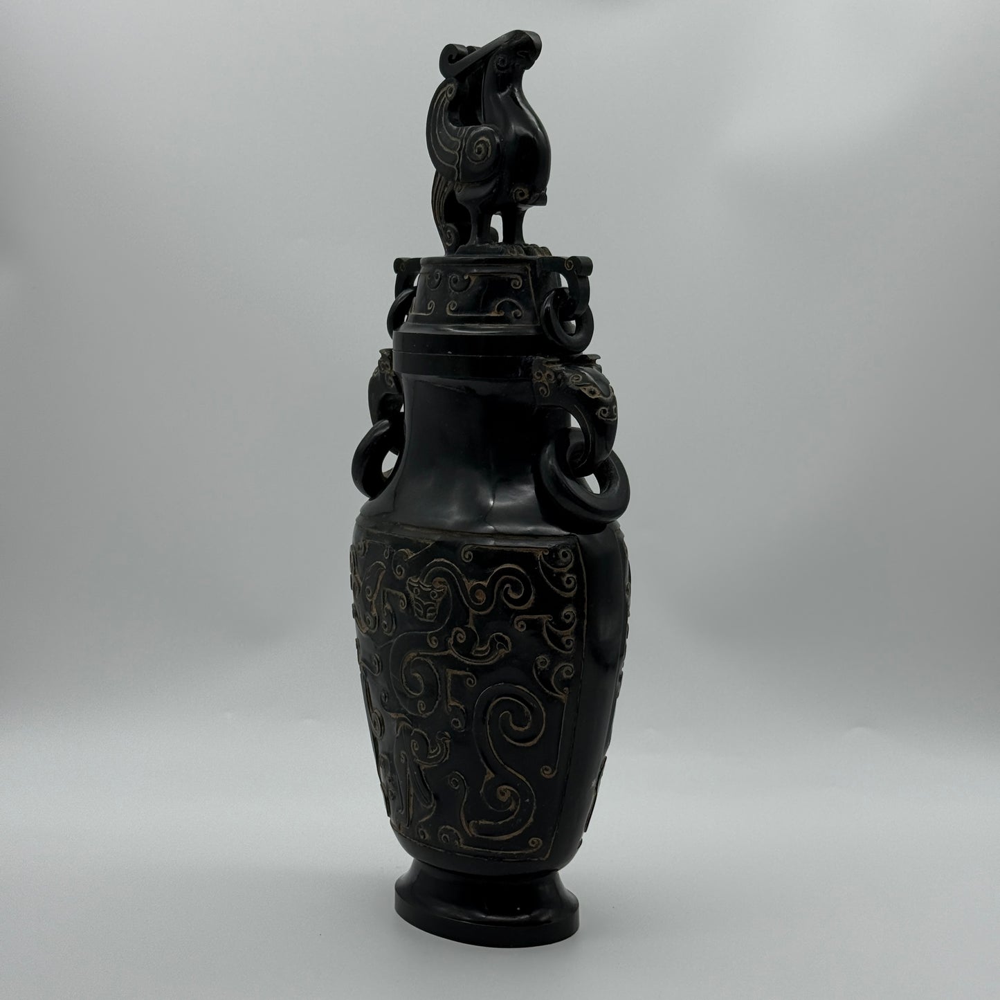 Rare Antique Natural Dark Green Nephrite Dragon Phoenix Bird Vase 2,047.6g 145.0 by 90.0 by 360.0mm