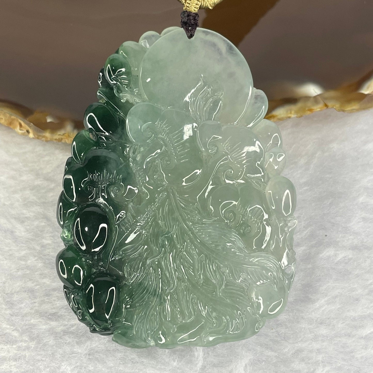 Grand Master Type A Icy Light Green with Green Jadeite Phoenix, Ruyis and Flower Pendant Display 71.83g 65.7 by 48.2 by 12.5mm with Wooden Stand for Career Progression and Recognition