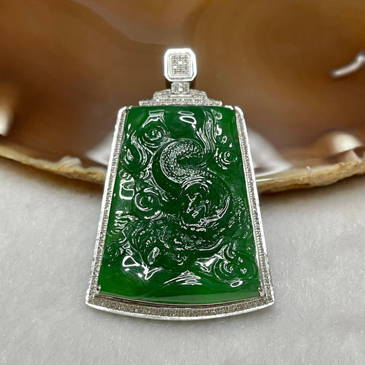 RARE Type A Full Yang Green Dragon Jade Jadeite 18k white gold & diamonds with NGI Cert 22.38g 50.2 by 30.7 by 9.0mm
