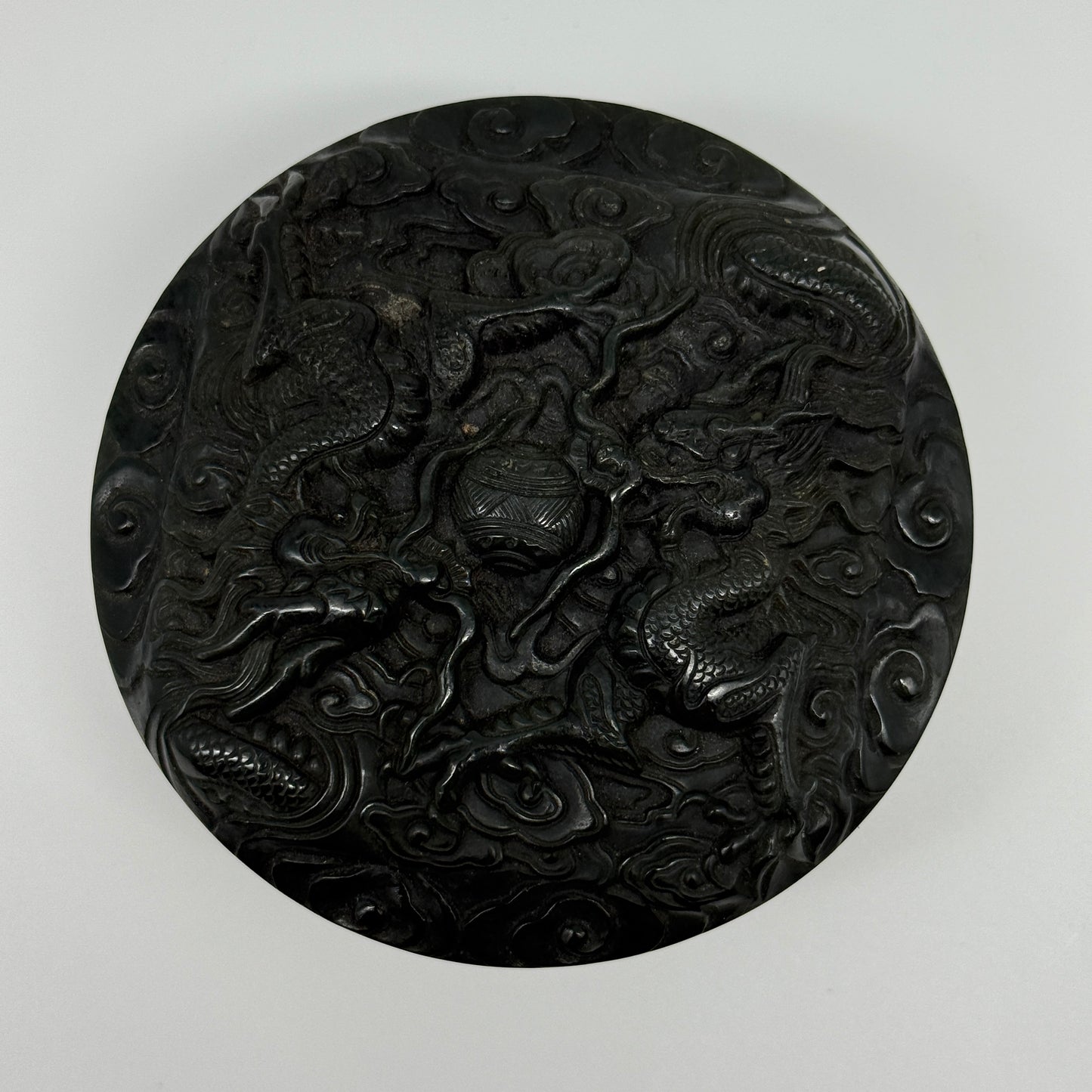 Antique Dark Green Nephrite Double Dragons in Clouds with Flowers and Leaves Seal 1,625.5g 108.2 by 107.6 by 71.6mm