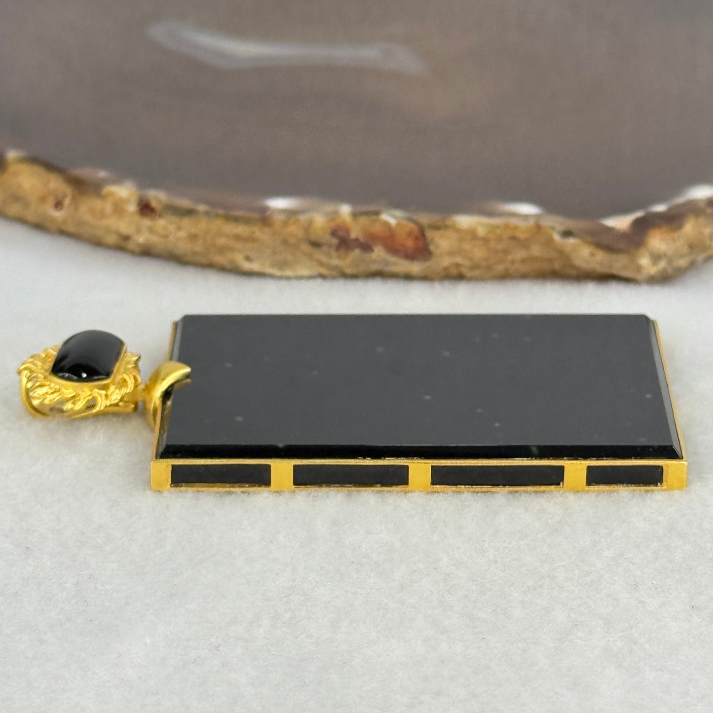 18k Yellow Gold Rare High Grade Fully Translucent Type A Black Jadeite Rectangle Wu Shi Pai Pendant 45.38g 61.8 by 41.2 by 4.8mm