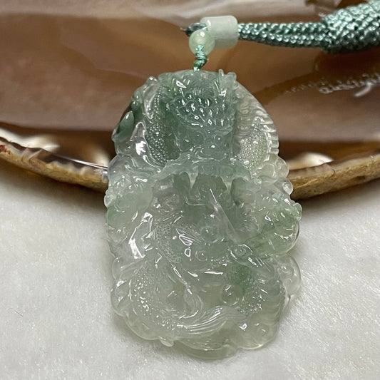 Rare Type A Icy Green Jade Jadeite Wealth Prosperity Dragon Pendant 35.02g 71.1 by 40.0 by 14.1mm