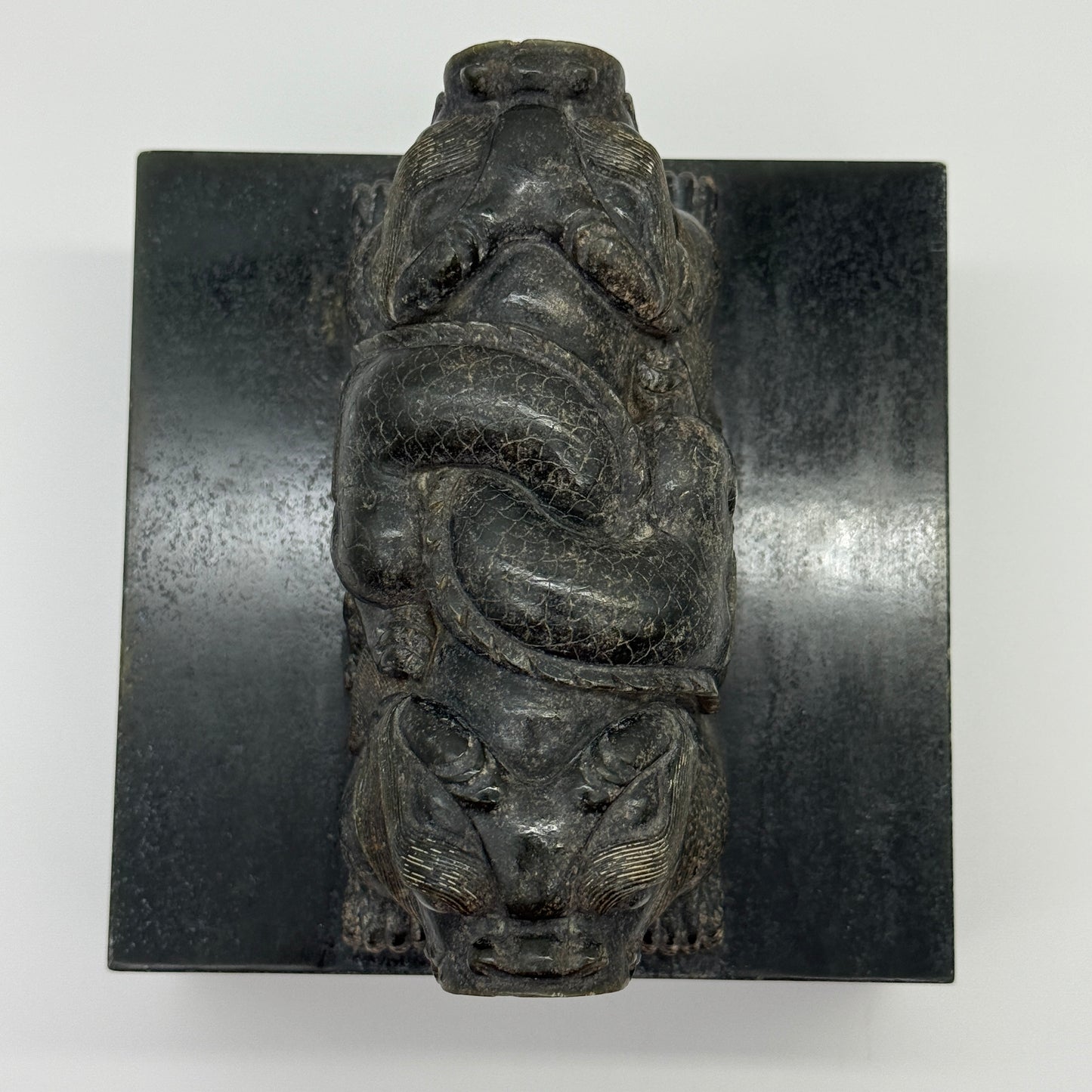 Rare Antique Natural Dark Green Nephrite Double Headed Dragon Seal 4,452.2g 134.7 by 136.1 by 125.0mm