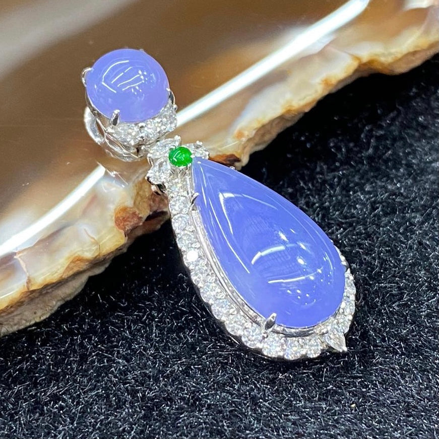 Rare High end Type A Burmese Lavender Jade Jadeite Pendant 18k white gold & diamonds with NGI Cert - 5.23g 31.7 by 12.2 by 9.4mm