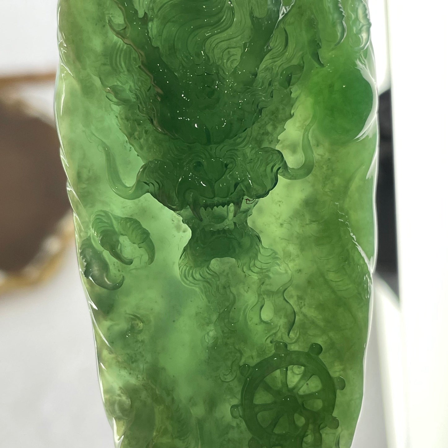 Very Rare High Icy Grand Master Type A Blueish Green Jadeite Fire Dragon with Fortune Wheel 53.03g 73.4 by 38.7 by 11.5mm with Wooden Stand