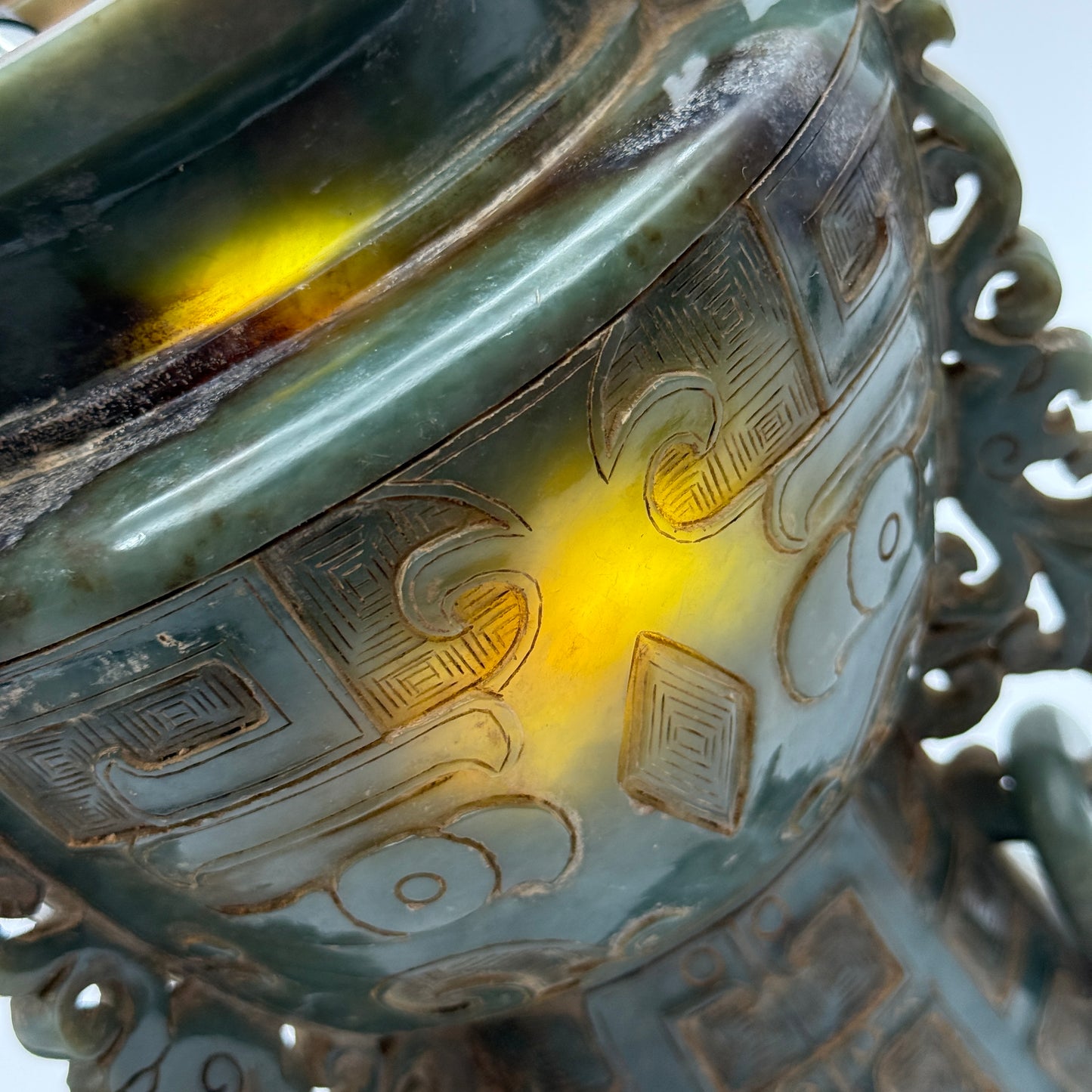 Rare Antique Natural Green with Brown Patches Nephrite Pixiu Vase 3,113.3g 148.0 by 160.0 by 335.0mm