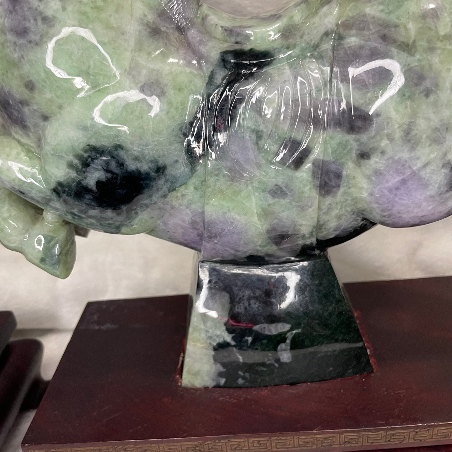 Type A Green with Lavender Jadeite Pair of Horses 马到成功 马上成功 马上发财 with Wooden Stand Display Piece - 9.53kg Dimensions with Stand: 30 by 28 by 12cm Jade Dimensions: 28 by 24 by 9cm