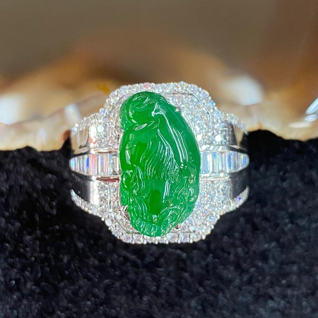 Rare Type A Burmese High End Jade Jadeite Chan Chu aka 3 Legged Frog Ring 18K White Gold & Diamonds - 14.99g US9.45 HK22 with NGI Cert