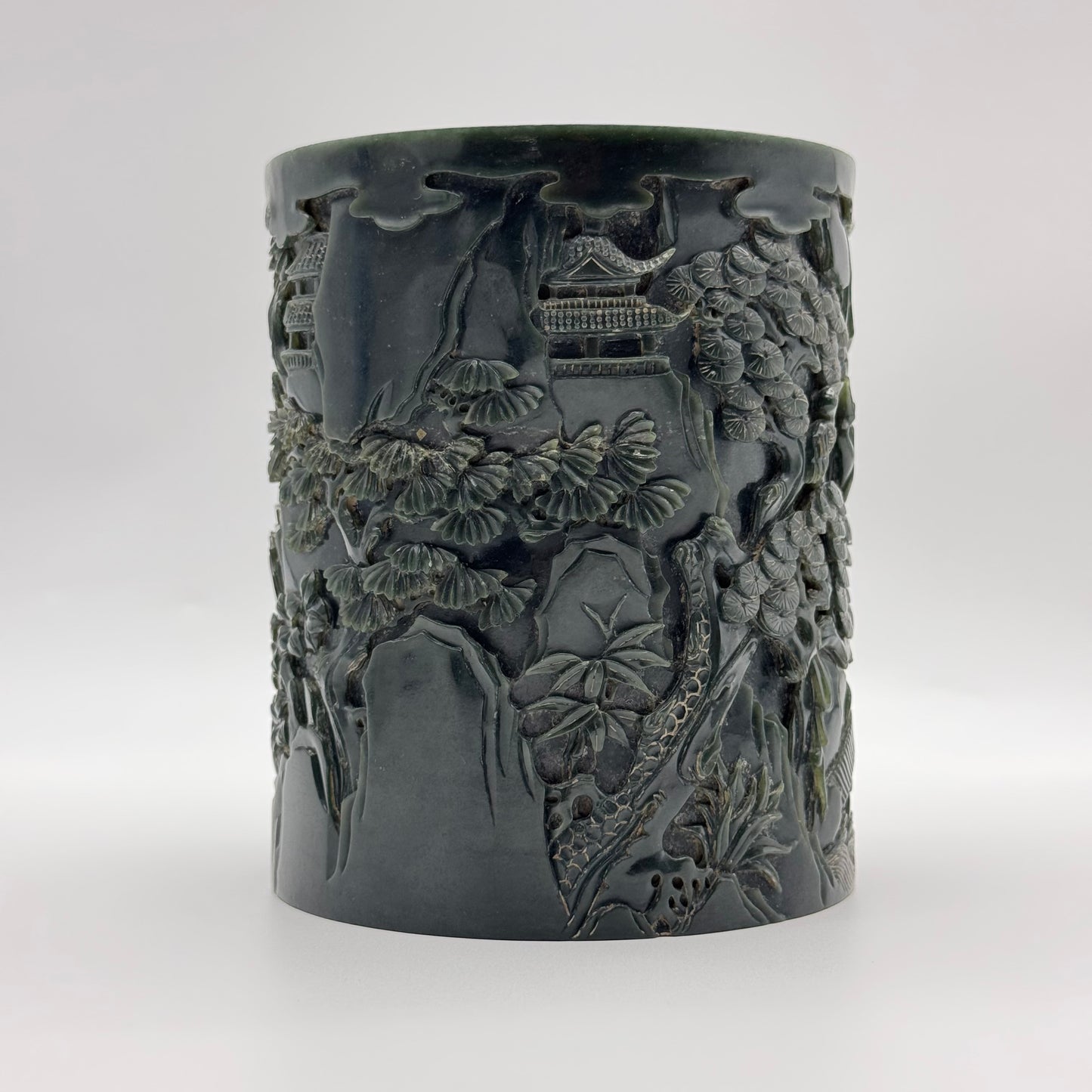 Rare Antique Natural Dark Green Nephrite Shan Shui Brush Pot with Gui Ren Display 1,467.0g 116.5 by 116.8 by 142.9mm with NGI Cert 82812380