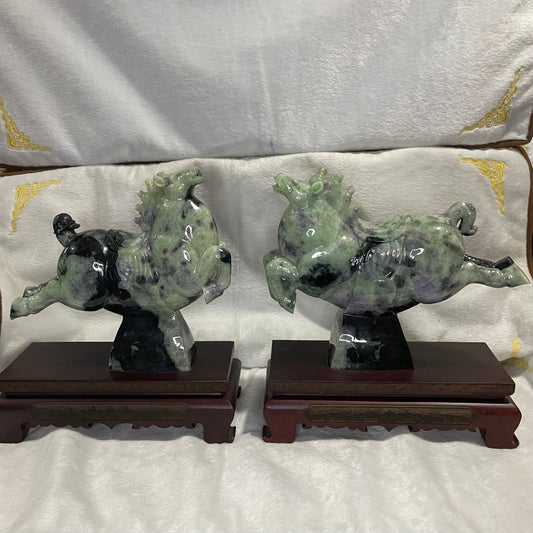 Type A Green with Lavender Jadeite Pair of Horses 马到成功 马上成功 马上发财 with Wooden Stand Display Piece - 9.53kg Dimensions with Stand: 30 by 28 by 12cm Jade Dimensions: 28 by 24 by 9cm