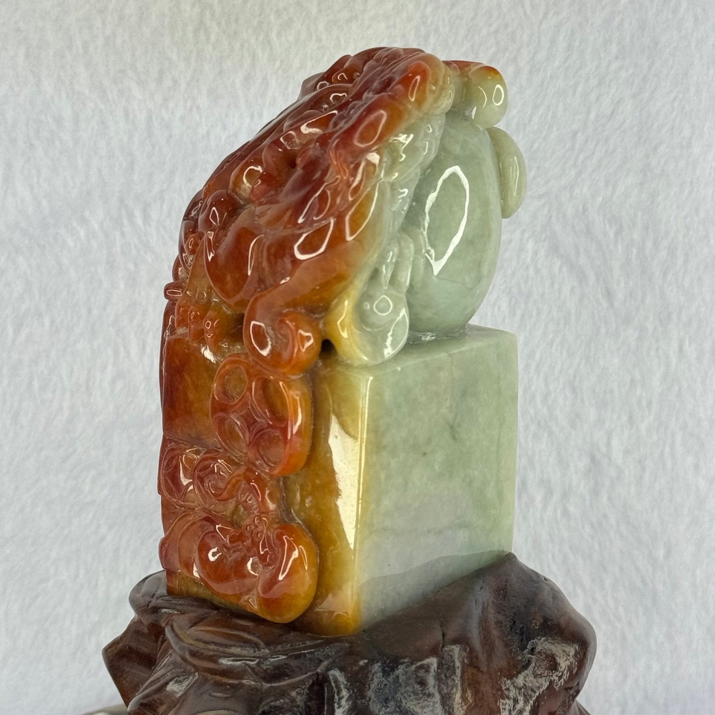 Type A Burmese Jade Jadeite Red, Green & Lavender Dragon Seal Display 565.0g 54.5 by 50.9 by 94.4mm with NGI cert