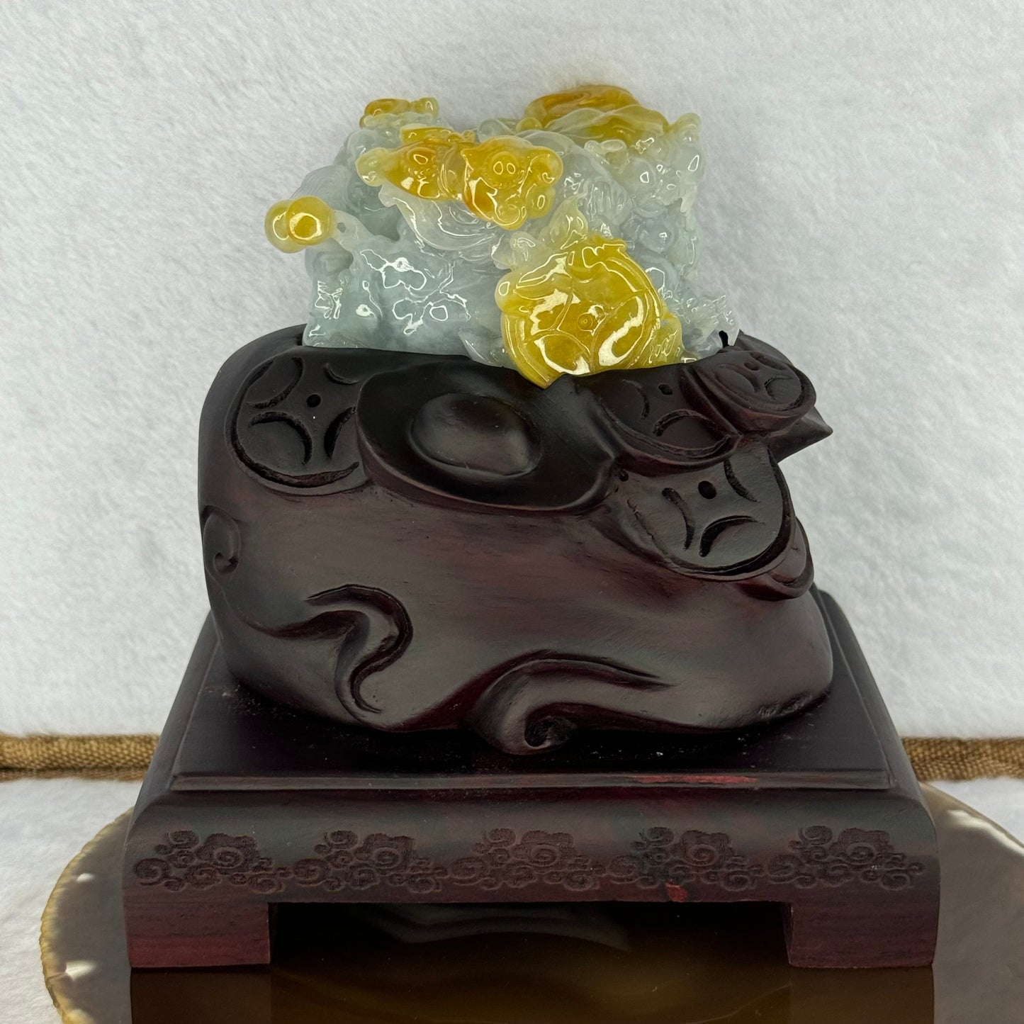 Rare Grand Master Type A Green with Lavender and Yellow 3D Flying Pixiu with Baby, Ruyi and Coins 大师A货三彩翡翠飞天貔貅摆件 185.14g 41.0 by 64.3 by 48.0mm with Wooden Stand