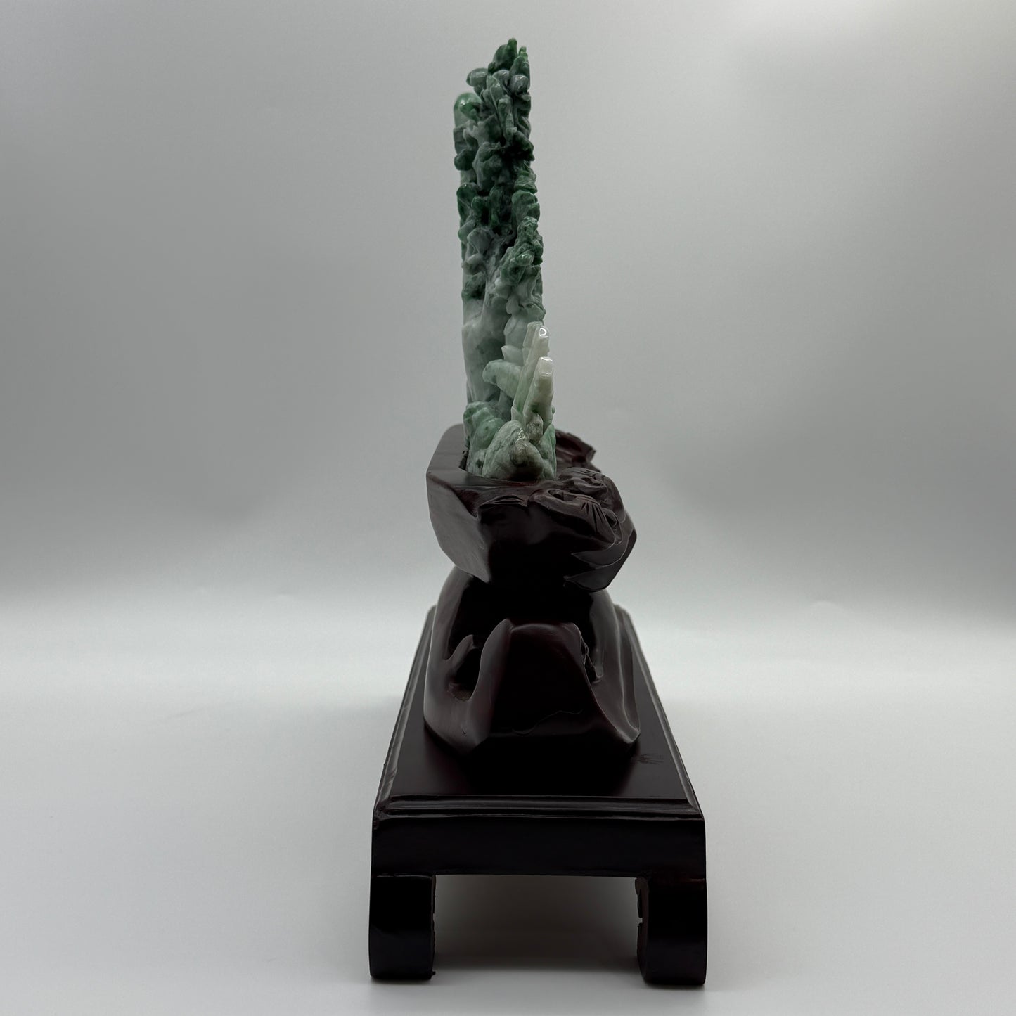 Type A Light Green with Spicy Green and Apple Green Patches Jadeite Tree with Twin Birds and Bamboo Display 1260g 24.0 by 2.8 by 16.0cm with wooden stand 2935g 31.0 by 10.0 by 28.0cm
