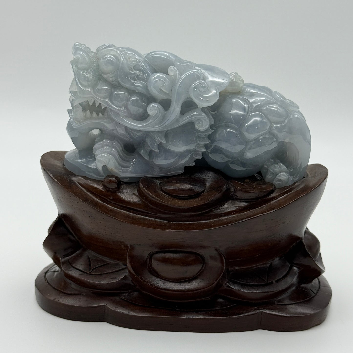Type A Blueish Lavender Jade Jadeite Pixiu & Ruyi Display with Wooden Stand: Pixiu: 373.1g 93.1 by 43.1 by 43.7mm With Stand: 747.5g 215.4 by 111.5 by 99.6mm